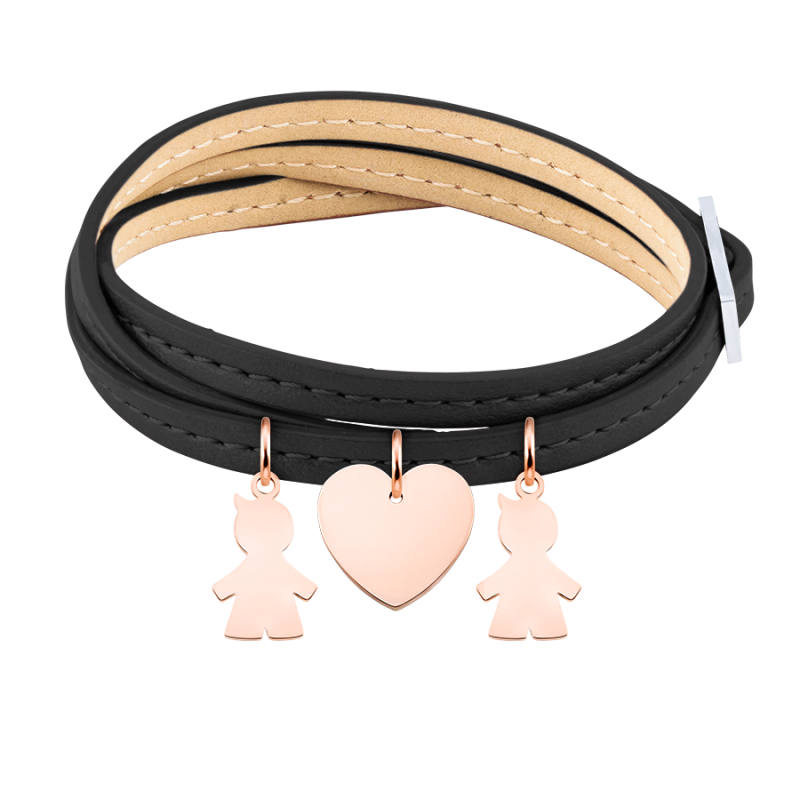 Gepersonaliseerde Meerdere Zoons Armband in Zwart Leer - Rosegold - 61