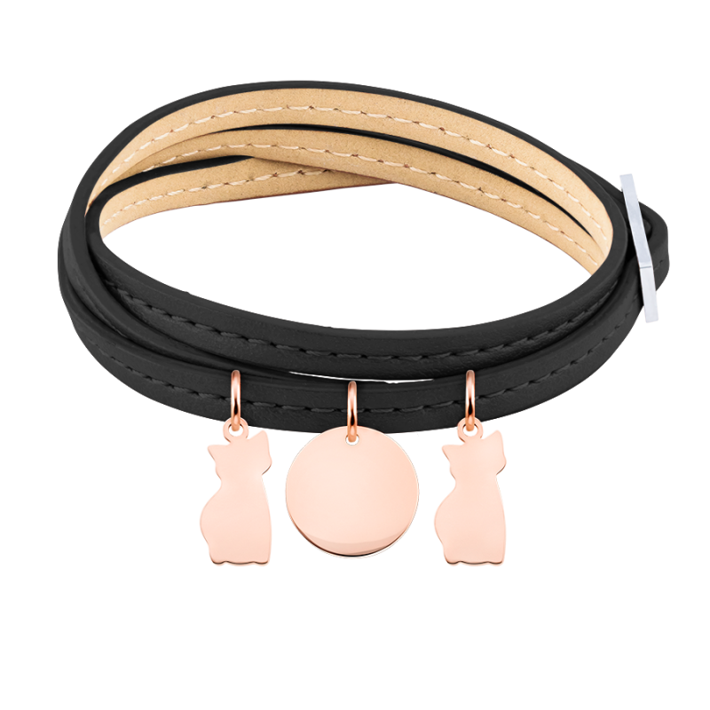 Gepersonaliseerde Meerdere Katten Armband in Zwart Leer - Rosegold - 61