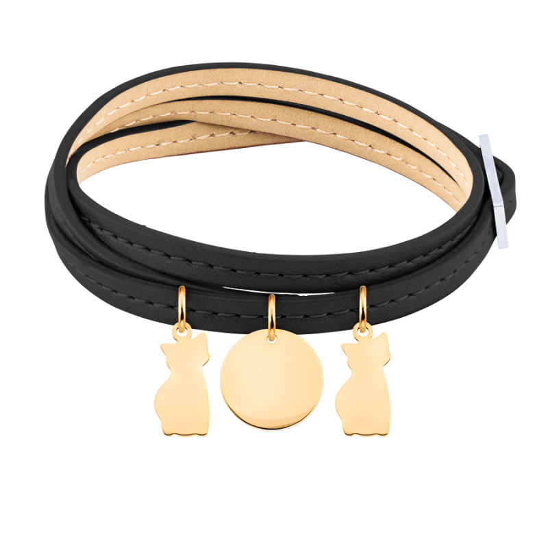 Gepersonaliseerde Meerdere Katten Armband in Zwart Leer - Gold - 62