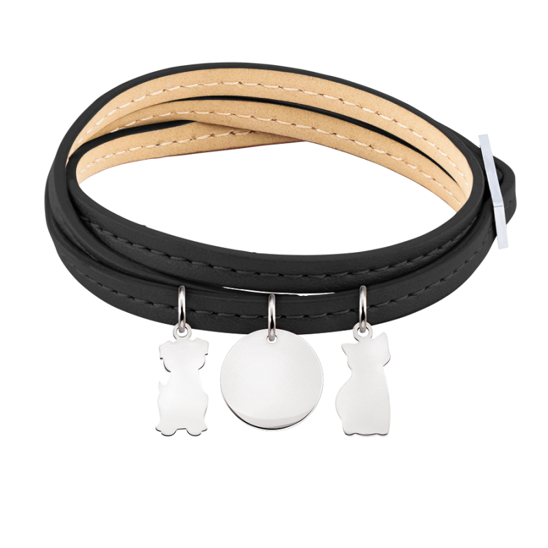 Gepersonaliseerde Meerdere Katten Armband in Zwart Leer - Silver - 60