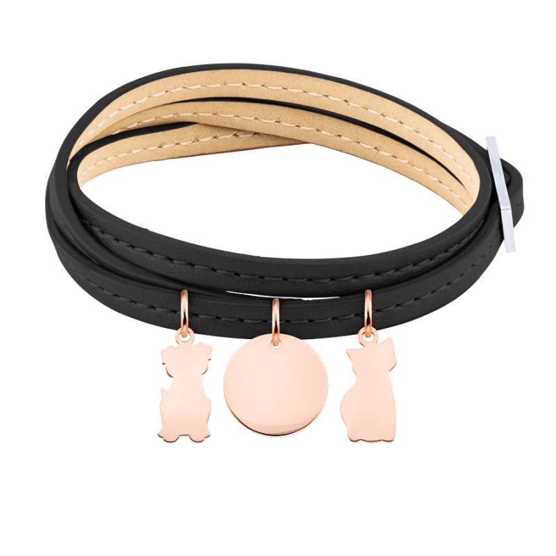 Gepersonaliseerde Meerdere Honden Armband in Zwart Leer - Rosegold - 61