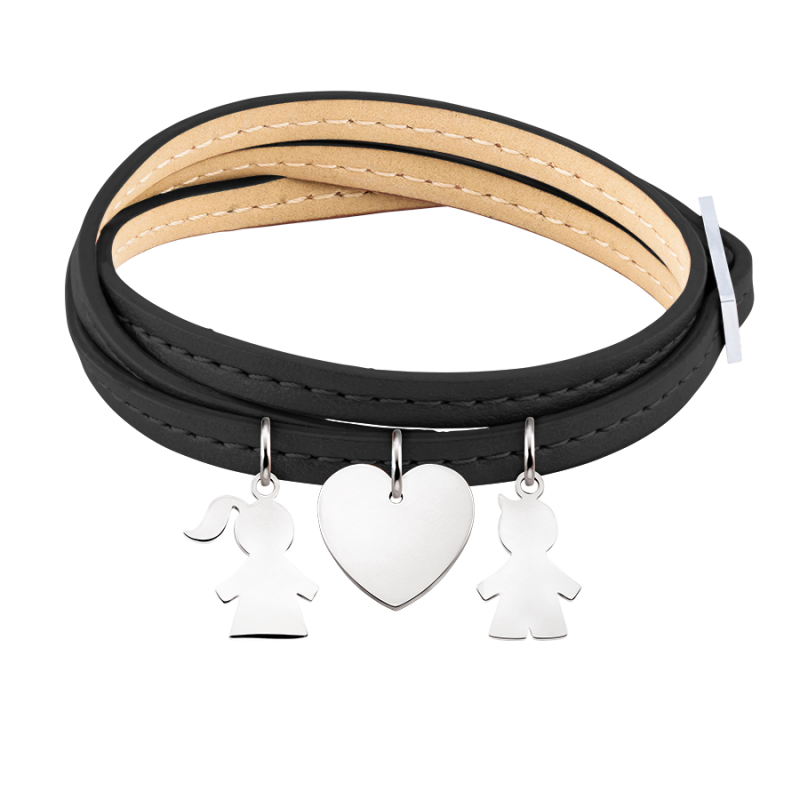 Gepersonaliseerde Zoon & Dochter Armband in Zwart Leer - Silver - 60