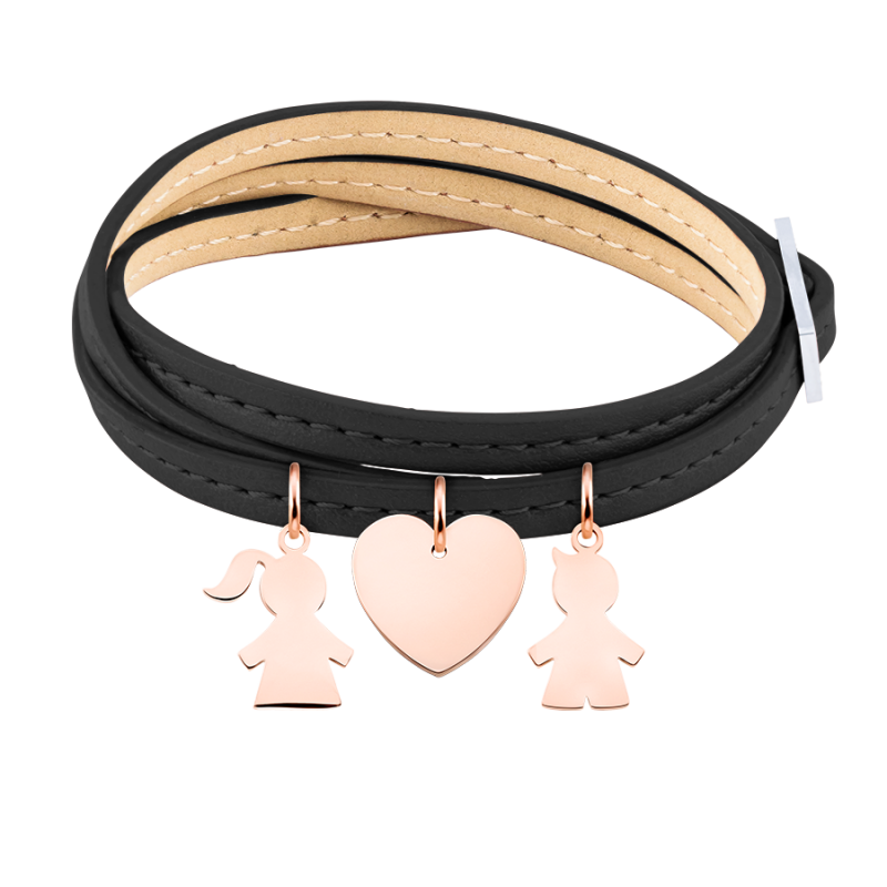 Gepersonaliseerde Zoon & Dochter Armband in Zwart Leer - Rosegold - 61