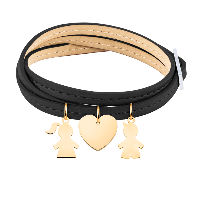 Gepersonaliseerde Zoon & Dochter Armband in Zwart Leer - Gold - 62