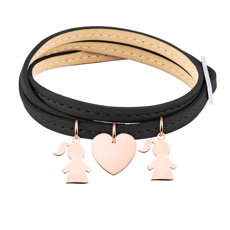 Gepersonaliseerde Meerdere Dochters Armband in Zwart Leer - Rosegold - 61