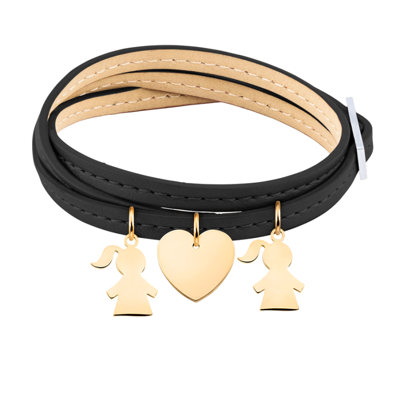 Gepersonaliseerde Meerdere Dochters Armband in Zwart Leer - Gold - 62