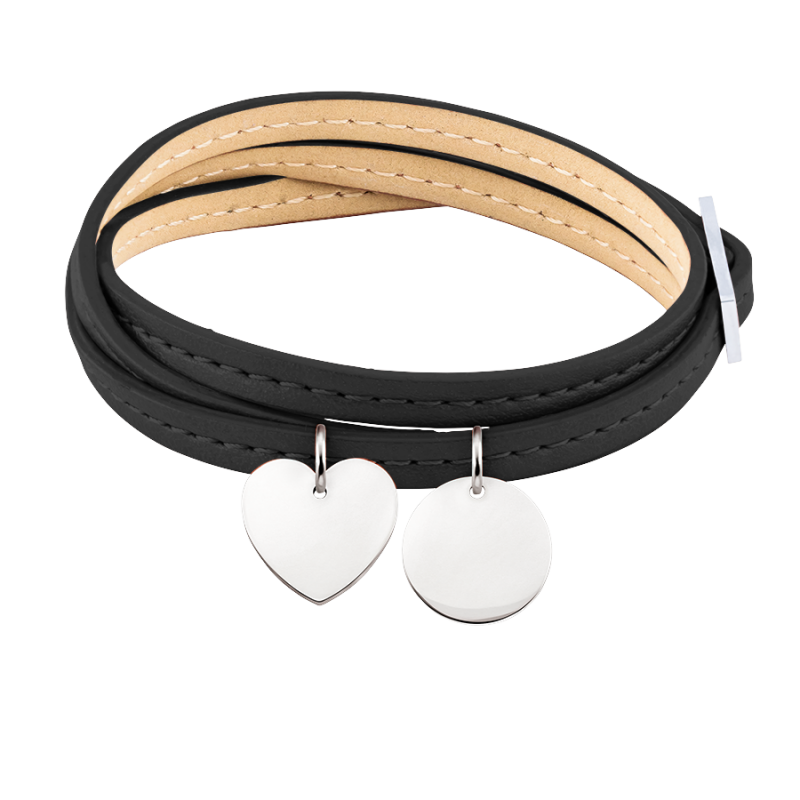 Gepersonaliseerde Hart & Cirkel Armband in Zwart Leer - Silver - 60