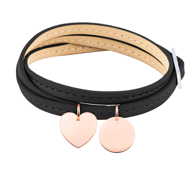 Gepersonaliseerde Hart & Cirkel Armband in Zwart Leer - Rosegold - 61