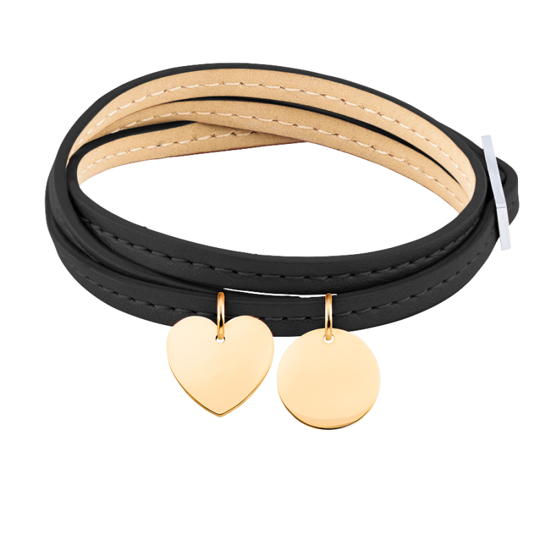 Gepersonaliseerde Hart & Cirkel Armband in Zwart Leer - Gold - 62