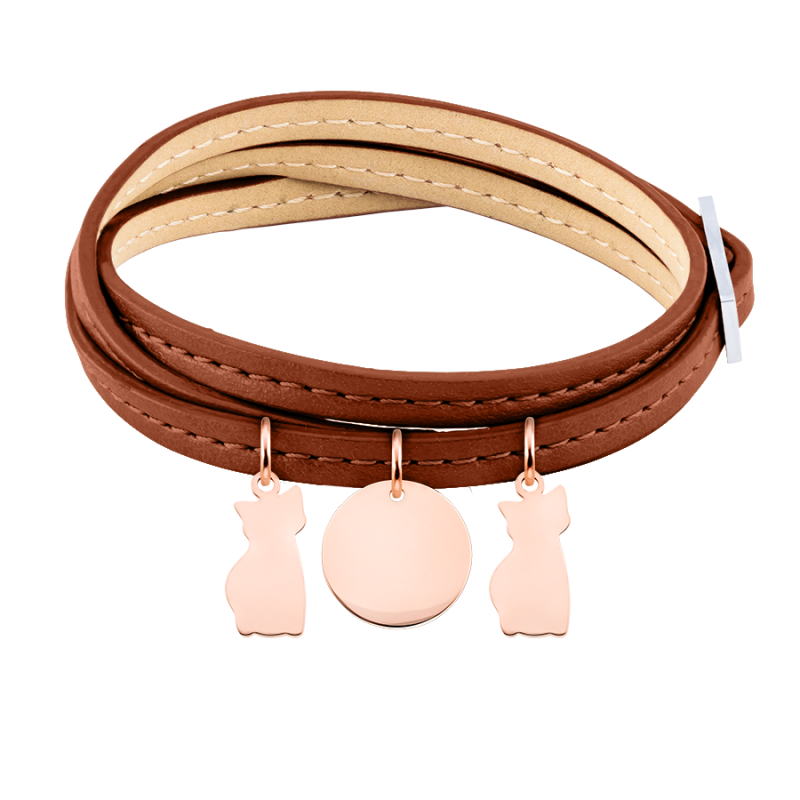 Gepersonaliseerde Meerdere Katten Armband in Bruin Leer  - Rosegold - 61