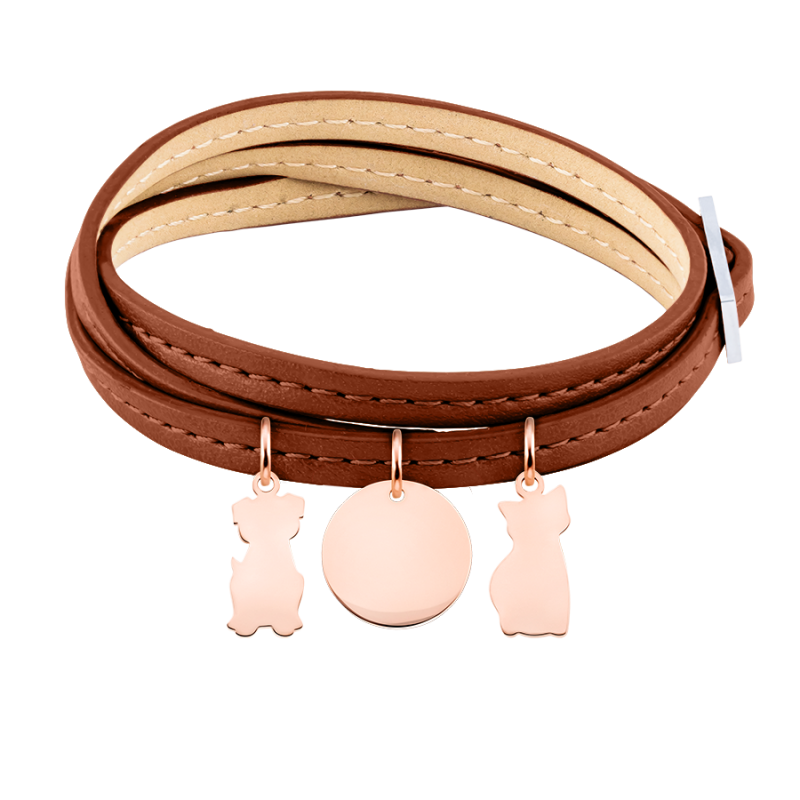 Gepersonaliseerde Hond en Kat Armband in Bruin Leer  - Rosegold - 61