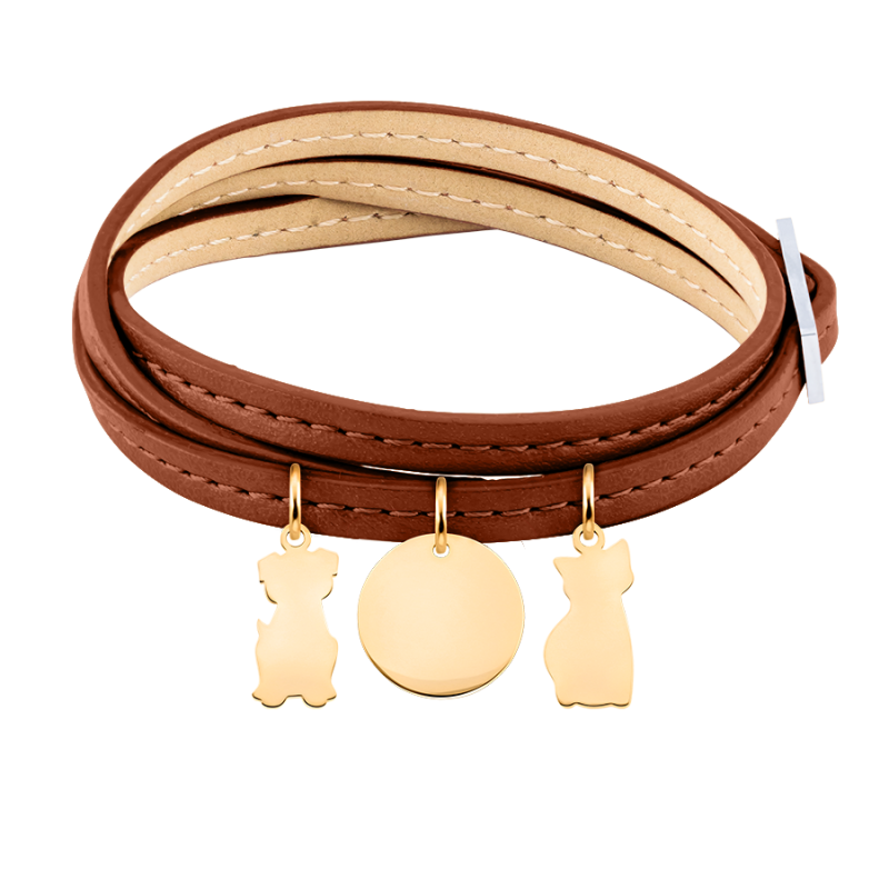 Gepersonaliseerde Hond en Kat Armband in Bruin Leer  - Gold - 62