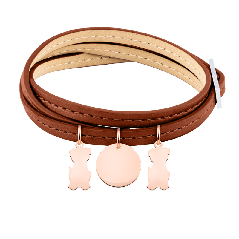 Gepersonaliseerde Meerdere Honden Armband in Bruin Leer  - Rosegold - 61