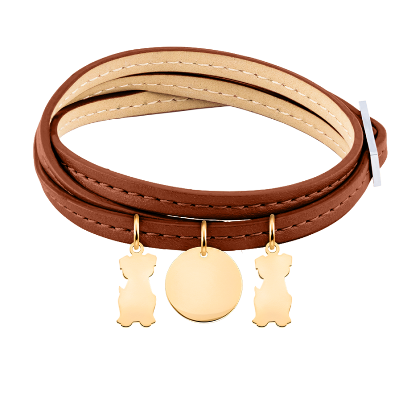 Gepersonaliseerde Meerdere Honden Armband in Bruin Leer  - Gold - 62