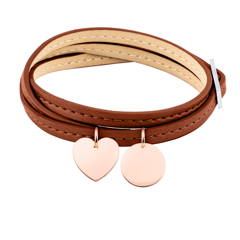 Gepersonaliseerde Hart & Cirkel Armband in Bruin Leer  - Rosegold - 61