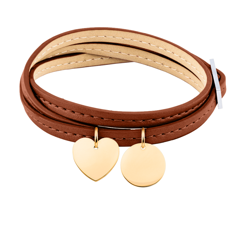 Gepersonaliseerde Hart & Cirkel Armband in Bruin Leer  - Gold - 62