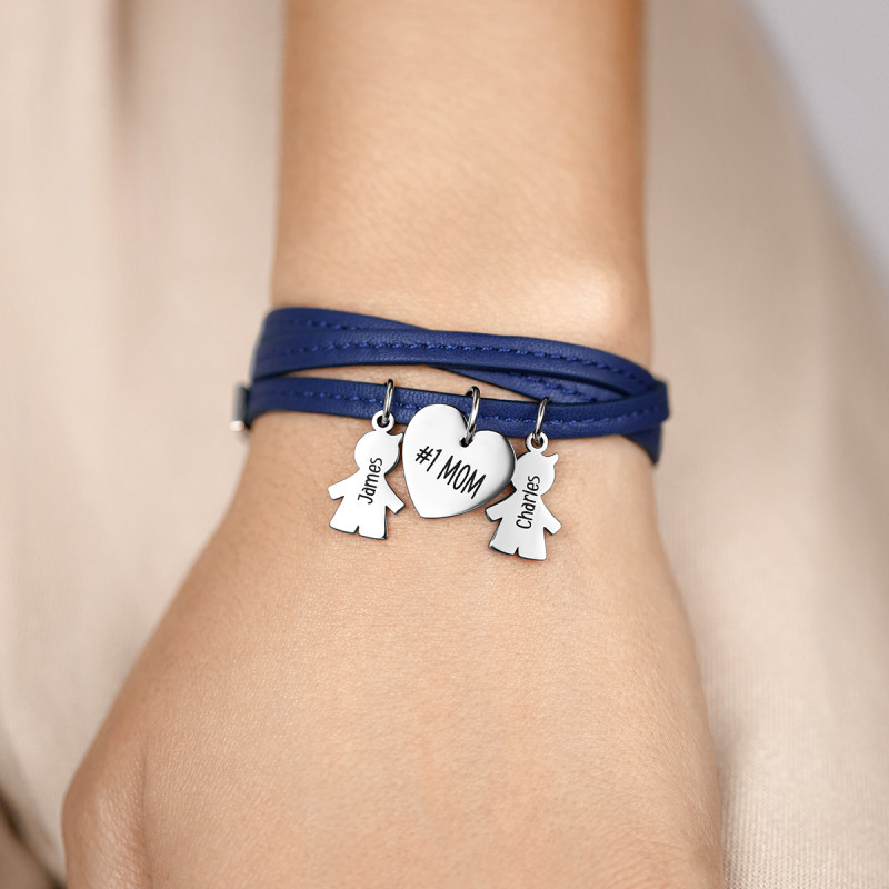 Gepersonaliseerde Meerdere Zoons Armband in Blauw Leer