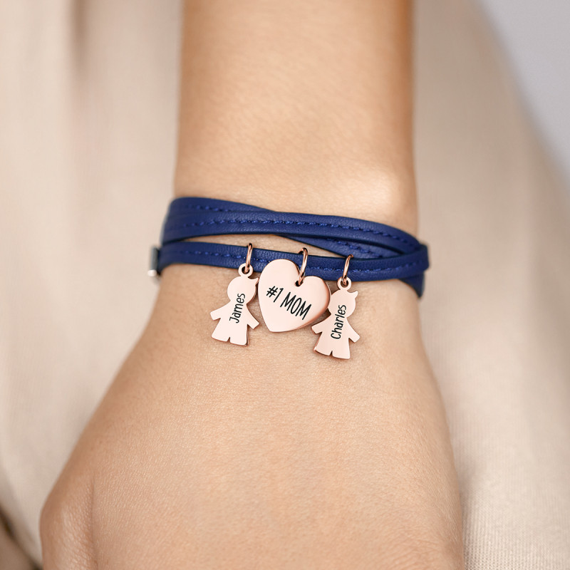 Gepersonaliseerde Meerdere Zoons Armband in Blauw Leer - Rosegold - 61