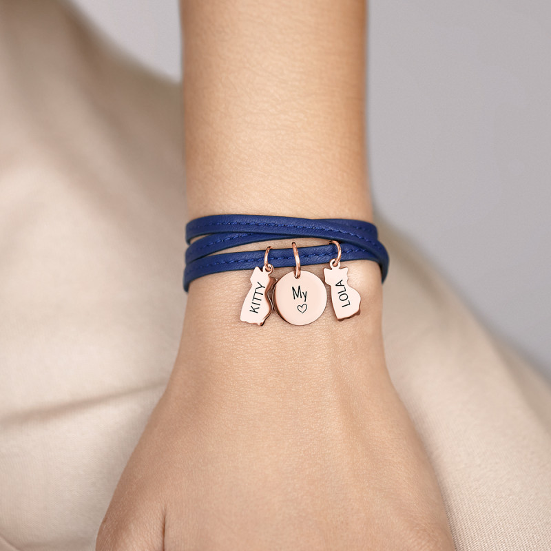 Gepersonaliseerde Meerdere Katten Armband in Blauw Leer - Rosegold - 61