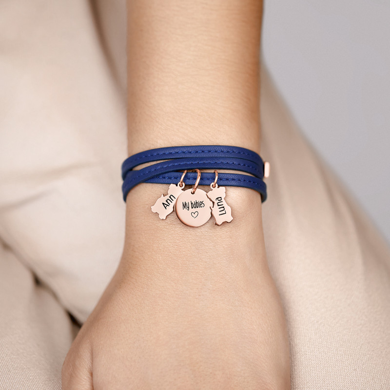 Gepersonaliseerde Meerdere Honden Armband in Blauw Leer - Rosegold - 61