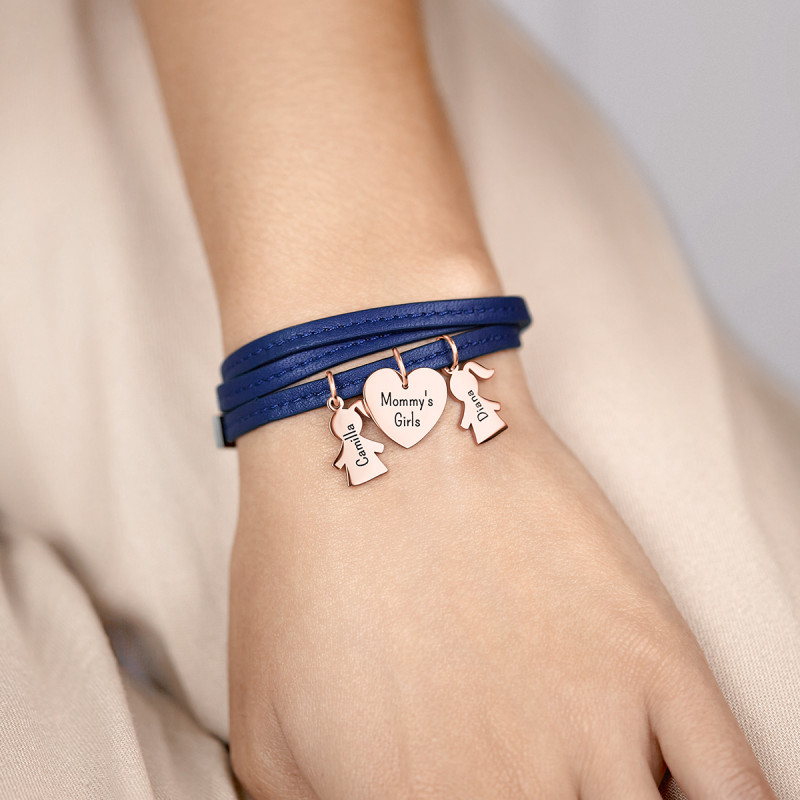 Gepersonaliseerde Meerdere Dochters Armband in Blauw Leer - Rosegold - 61