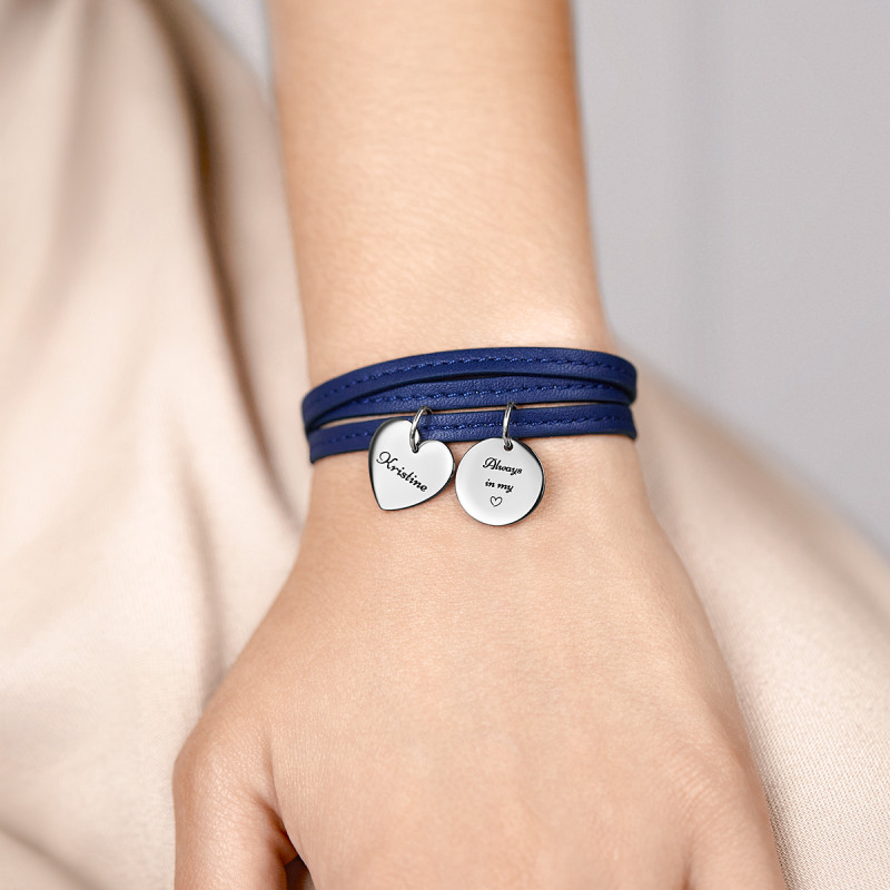 Gepersonaliseerde Hart & Cirkel Armband in Blauw Leer