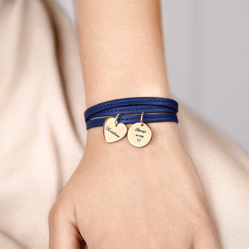 Gepersonaliseerde Hart & Cirkel Armband in Blauw Leer - Gold - 62