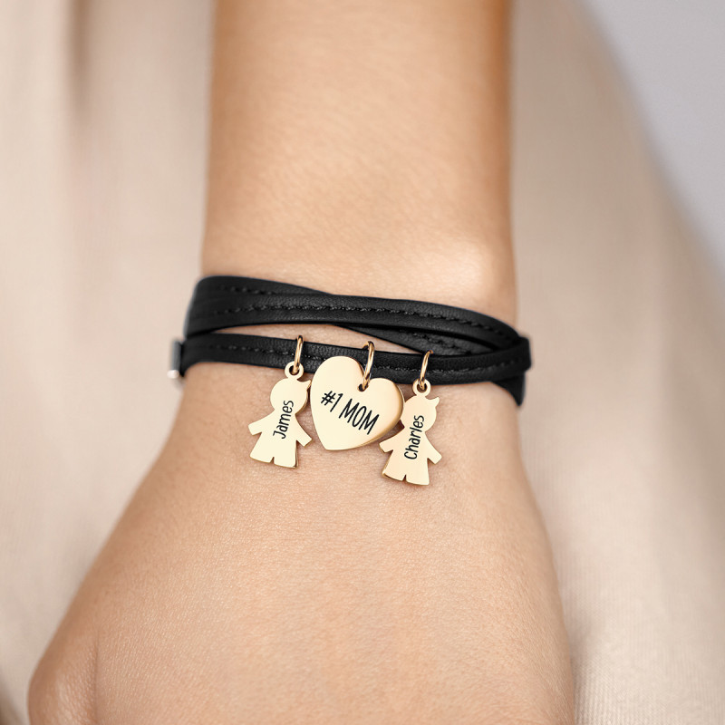 Gepersonaliseerde Meerdere Zoons Armband in Zwart Leer - Gold - 62