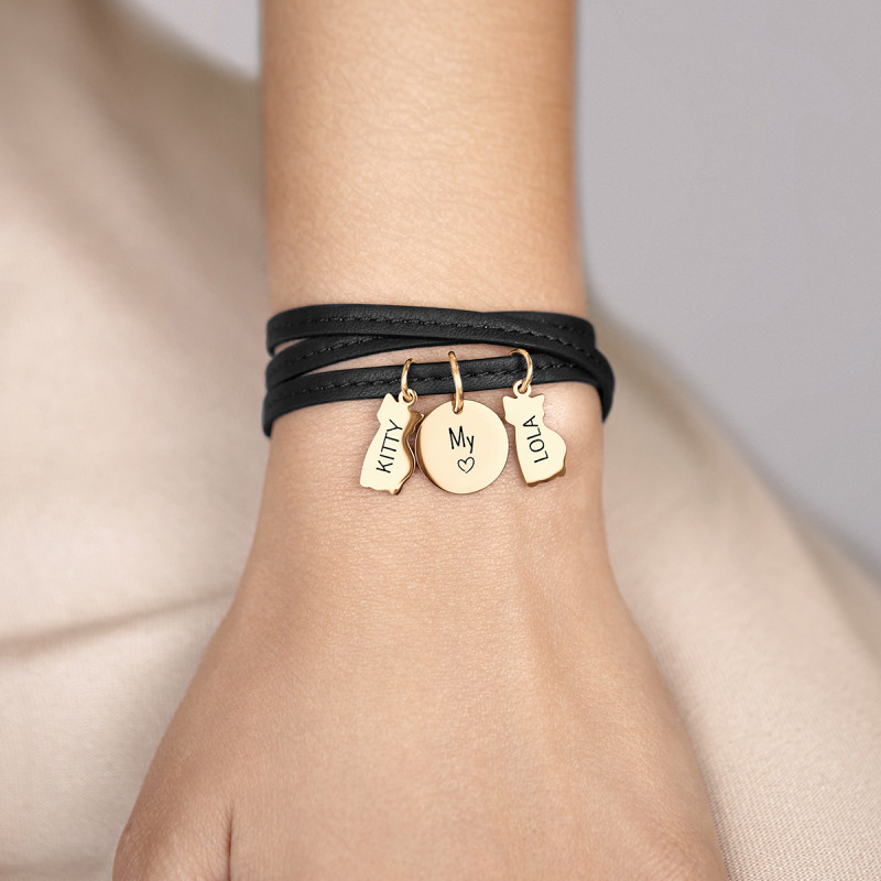 Gepersonaliseerde Meerdere Katten Armband in Zwart Leer - Gold - 62