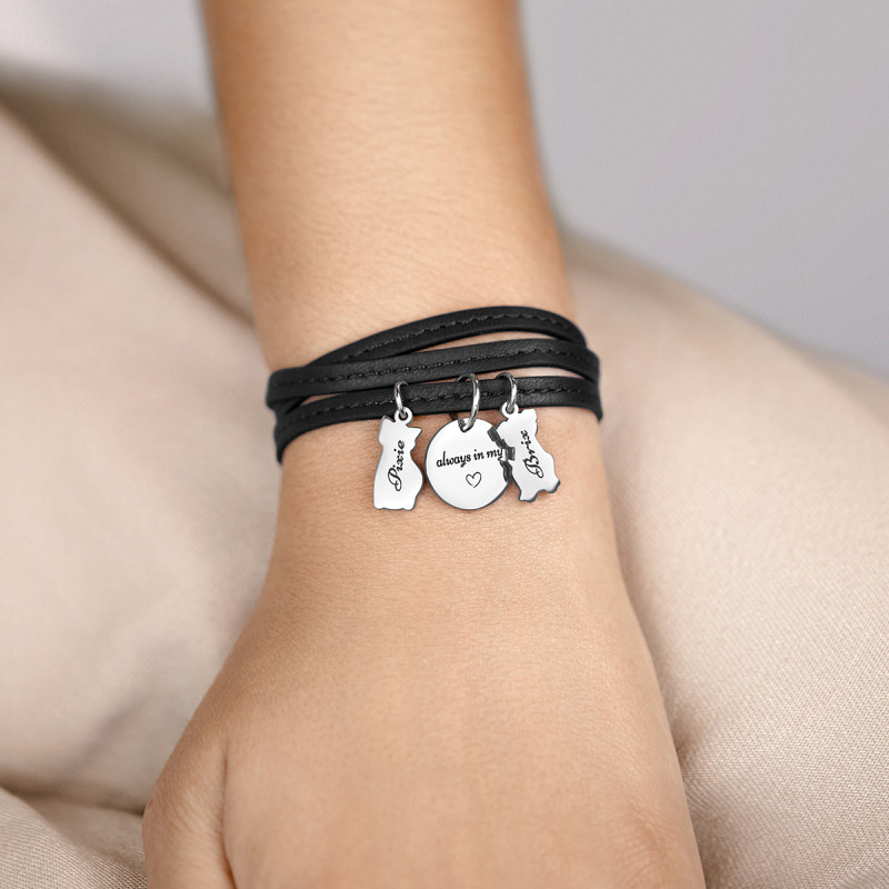 Gepersonaliseerde Meerdere Katten Armband in Zwart Leer