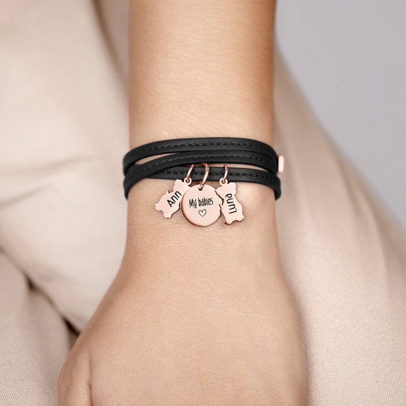 Gepersonaliseerde Meerdere Honden Armband in Zwart Leer - Rosegold - 61