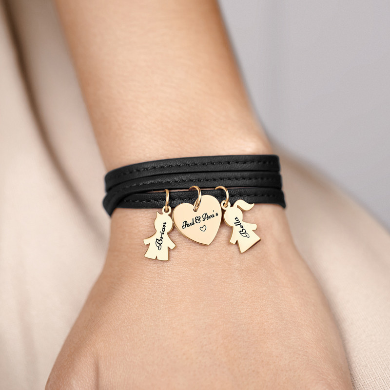 Gepersonaliseerde Zoon & Dochter Armband in Zwart Leer - Gold - 62