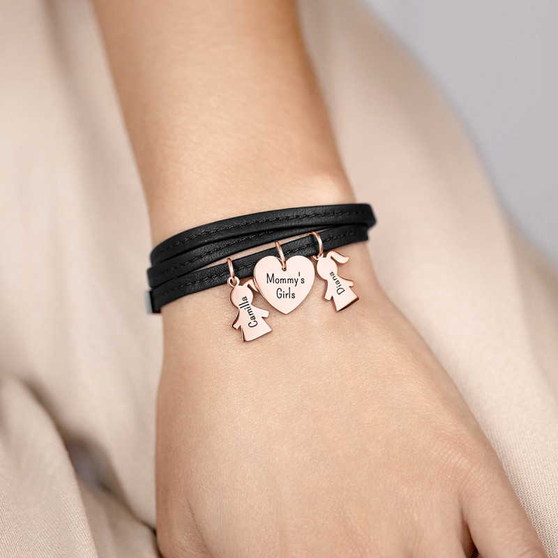 Gepersonaliseerde Meerdere Dochters Armband in Zwart Leer - Rosegold - 61