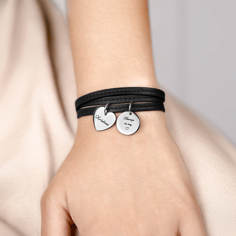 Gepersonaliseerde Hart & Cirkel Armband in Zwart Leer