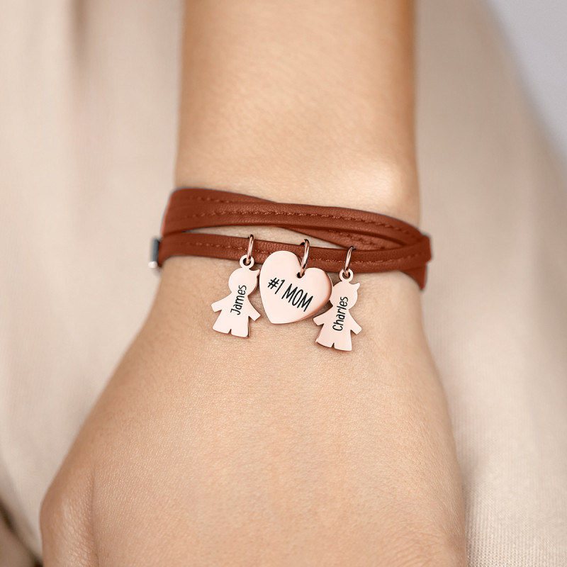 Gepersonaliseerde Meerdere Zoons Armband in Bruin Leer - Rosegold - 61