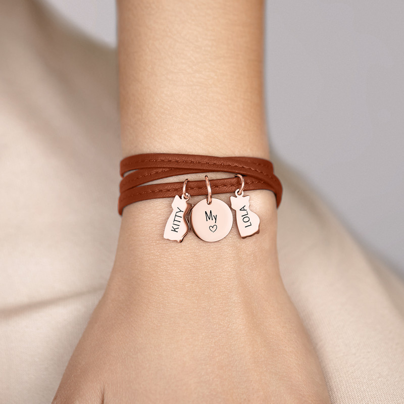 Gepersonaliseerde Meerdere Katten Armband in Bruin Leer  - Rosegold - 61