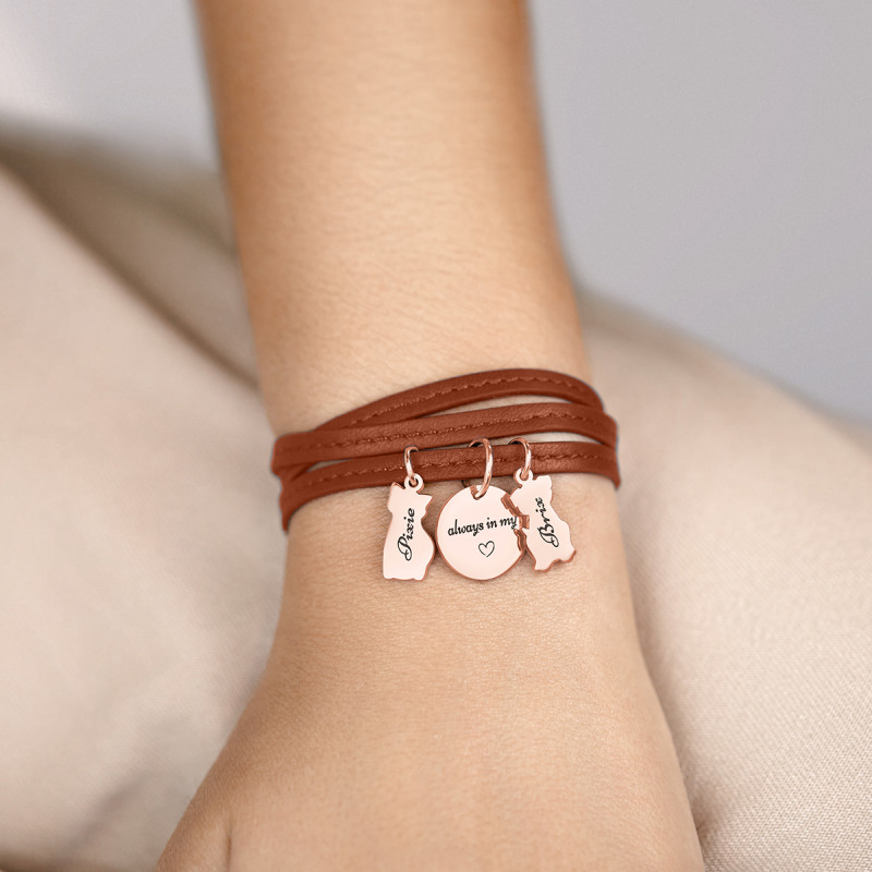 Gepersonaliseerde Hond en Kat Armband in Bruin Leer  - Rosegold - 61