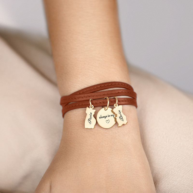 Gepersonaliseerde Hond en Kat Armband in Bruin Leer  - Gold - 62