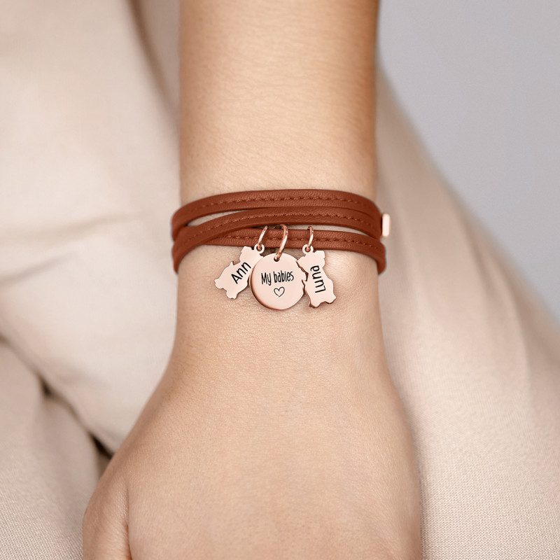 Gepersonaliseerde Meerdere Honden Armband in Bruin Leer  - Rosegold - 61