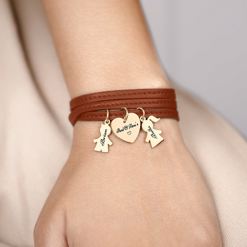 Gepersonaliseerde Zoon & Dochter Armband in Bruin Leer  - Gold - 62