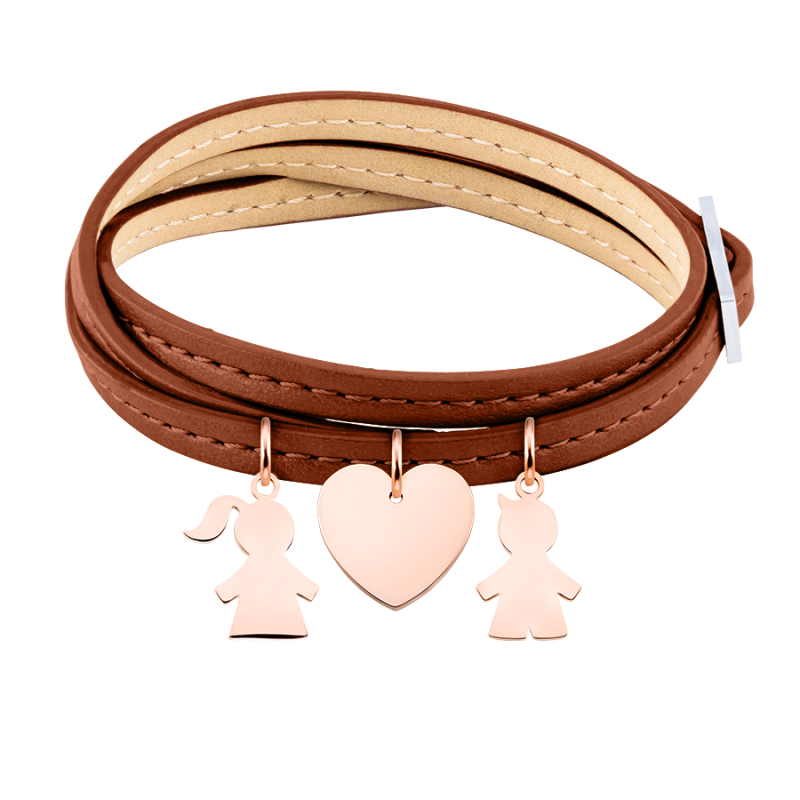 Gepersonaliseerde Zoon & Dochter Armband in Bruin Leer  - Rosegold - 61