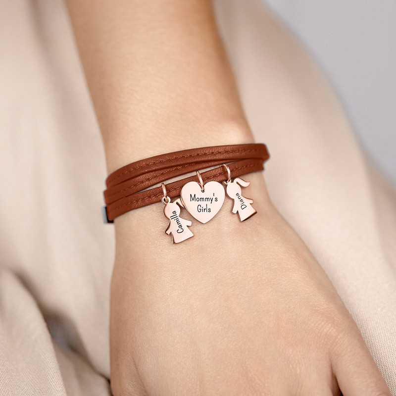 Gepersonaliseerde Meerdere Dochters Armband in Bruin Leer  - Rosegold - 61