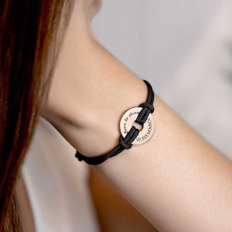 Gepersonaliseerde Disk Armband met Koord in het Zwart - Rosegold - 61