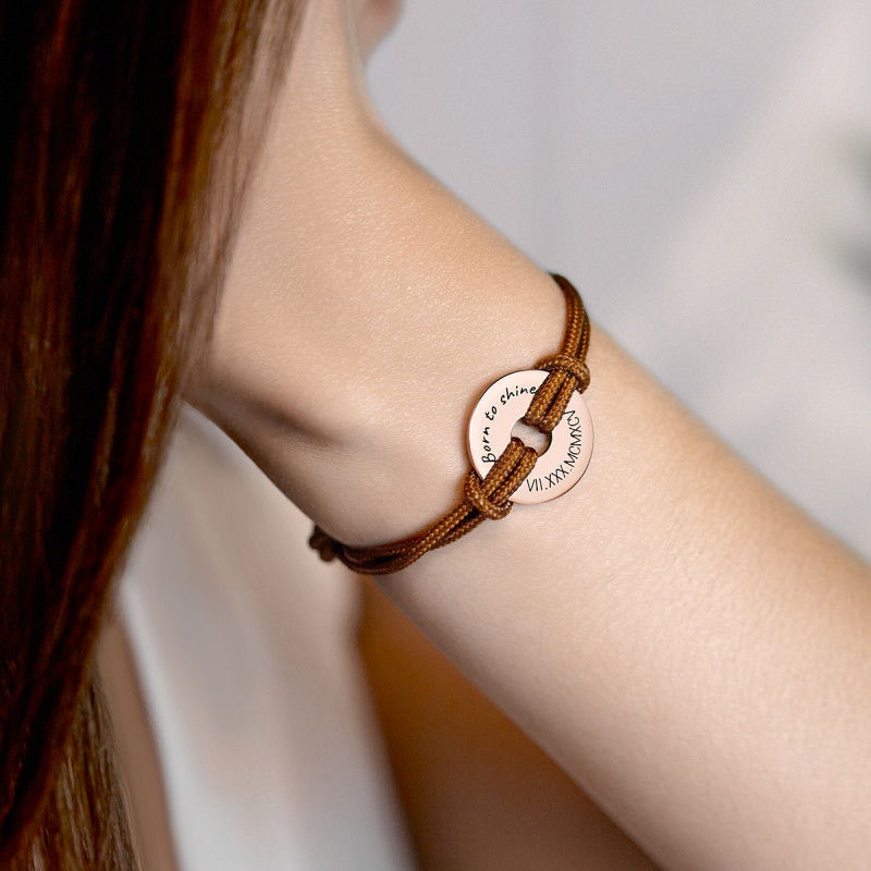 Gepersonaliseerde Disk Armband met Koord in het Bruin  - Rosegold - 61