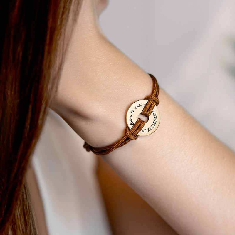 Gepersonaliseerde Disk Armband met Koord in het Bruin  - Gold - 62