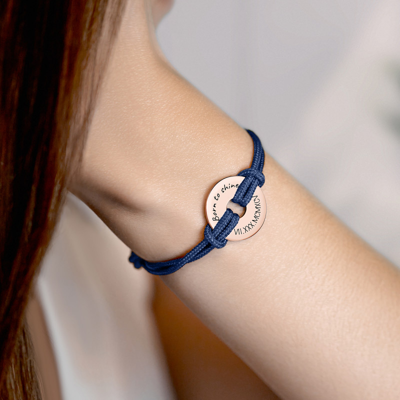 Gepersonaliseerde Disk Armband met Koord in het Blauw - Rosegold - 61